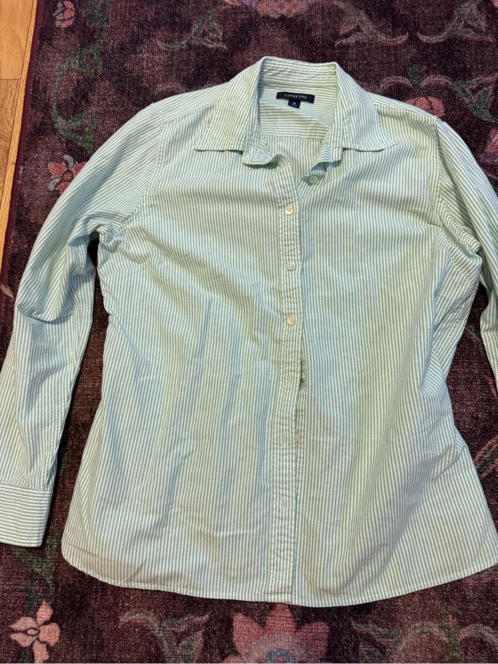 Lands’ End Women’s Button-Down Stripe Long Sleeve Shirt Green & White - Size 12